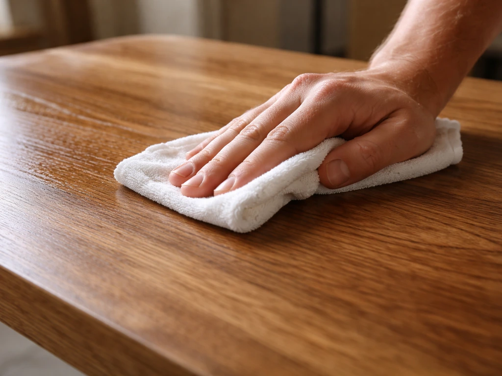 Lint-free rag pressed on an oiled tabletop, wiping off excess sheen in a minimal wood-finishing scene.