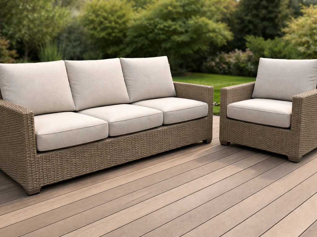 Neatly fitted patio furniture replacement cushions on a sofa and chair in a sunny outdoor setting.
