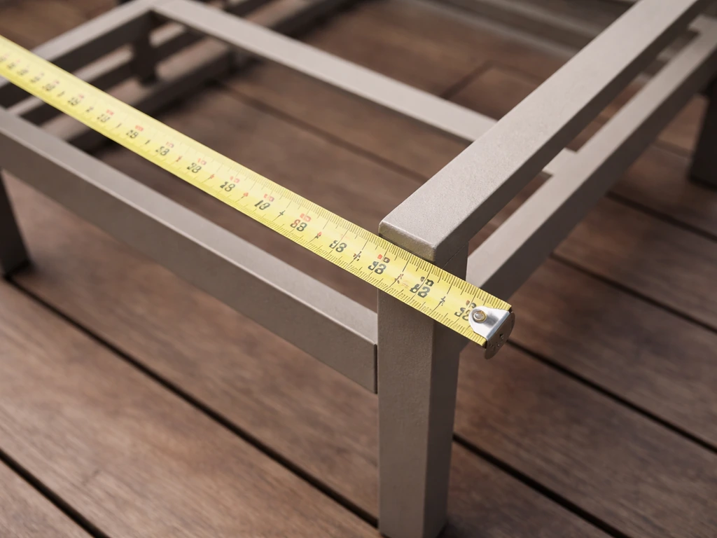 Measuring tape stretched across a patio chair frame to measure for replacement cushions.