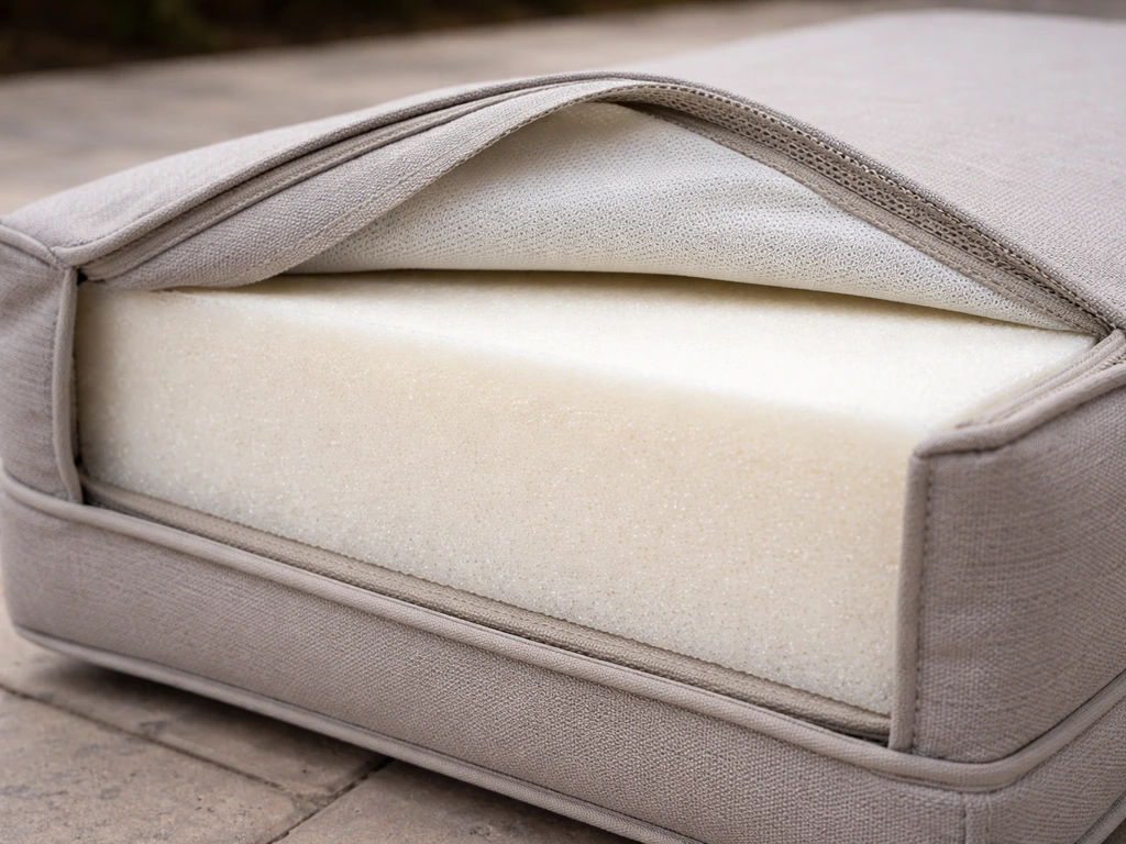 Close-up cutaway-style view of an outdoor cushion showing a dense foam core and fabric layers