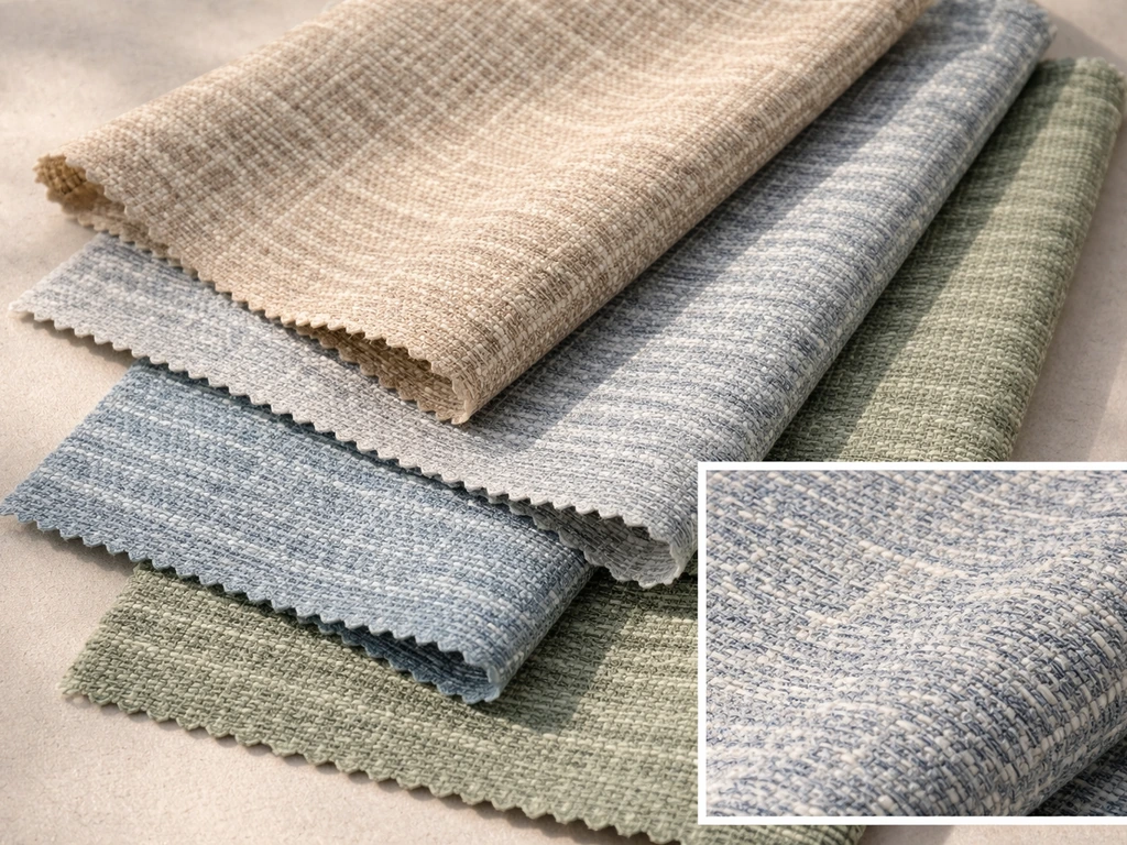 Close-up of outdoor cushion fabric swatches showing woven texture and weather-resistant pattern