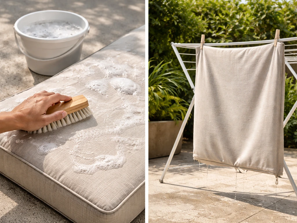 Hand brushing mild soapy water onto a patio cushion, then air-drying on drying racks.