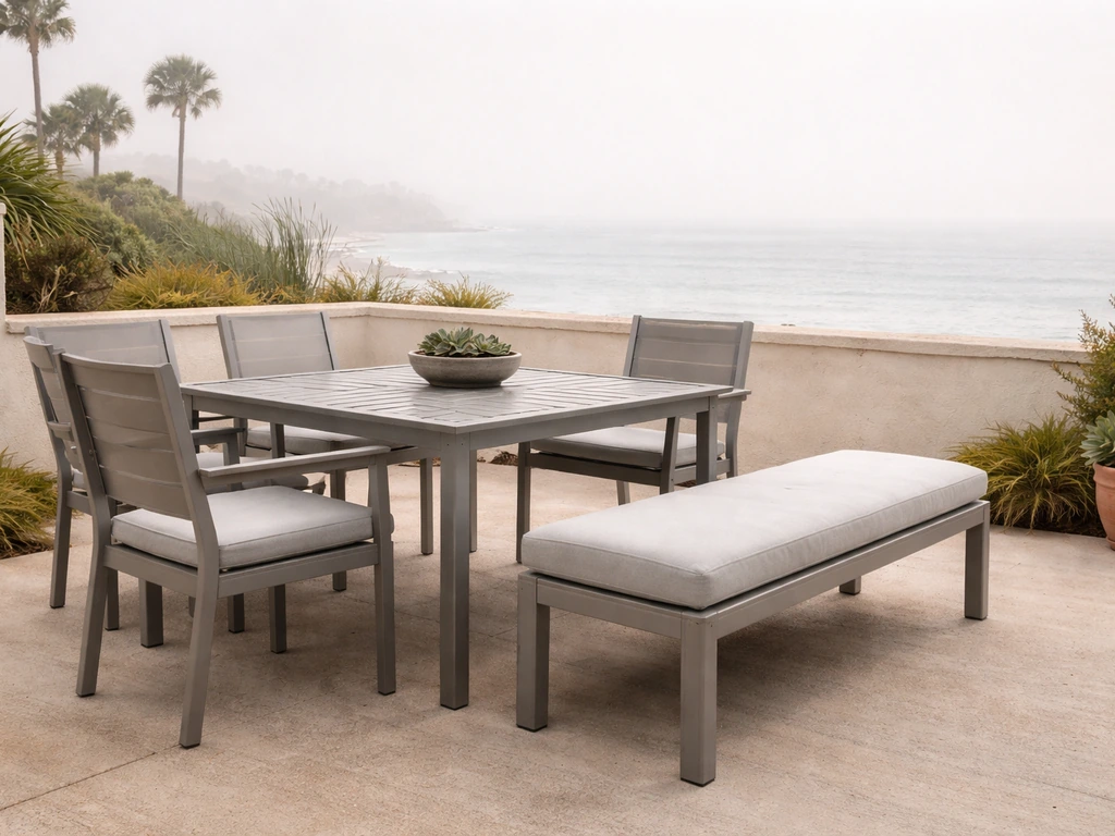 Coastal Long Beach patio with powder-coated aluminum furniture and faint marine haze in natural light.