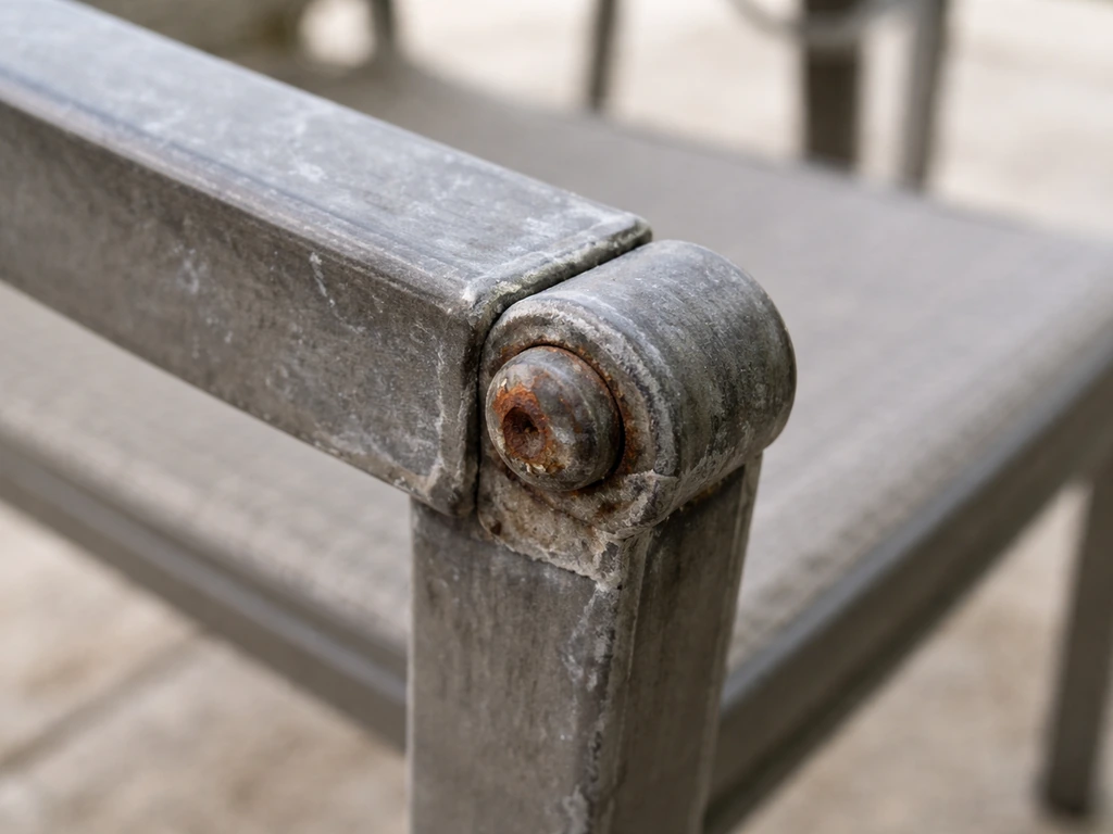 Close-up of outdoor patio furniture hardware with subtle salt residue dulling and mild corrosion.
