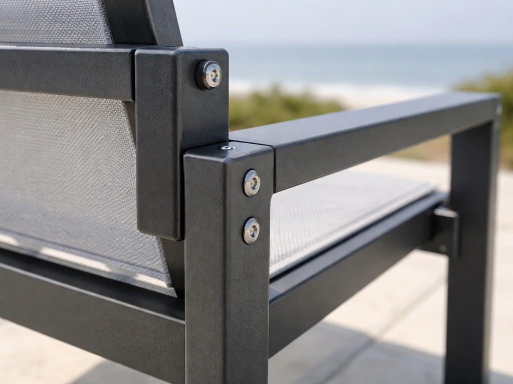 Powder-coated aluminum patio set showing hinges, frames, and leg joints in salt-air style setting