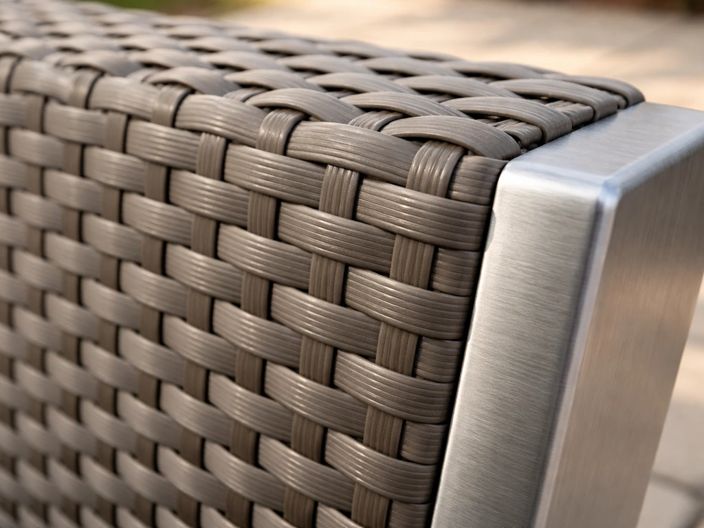 Close-up of tightly woven synthetic wicker resin strands over an aluminum frame, showing weave density.