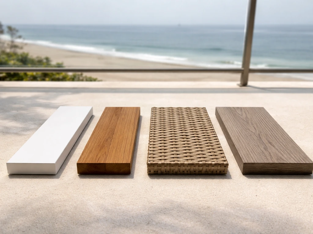 Side-by-side coastal patio material samples: aluminum, teak, synthetic wicker, and composite lumber near the ocean.