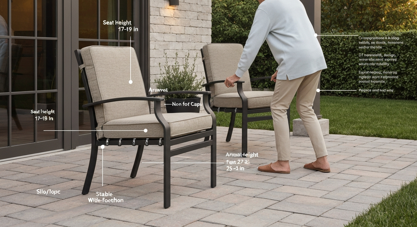 Senior-friendly patio chair with labeled callouts for seat height, armrest height, firm cushion, and non-slip feet; older adult demonstrating a safe sit-to-stand transfer.