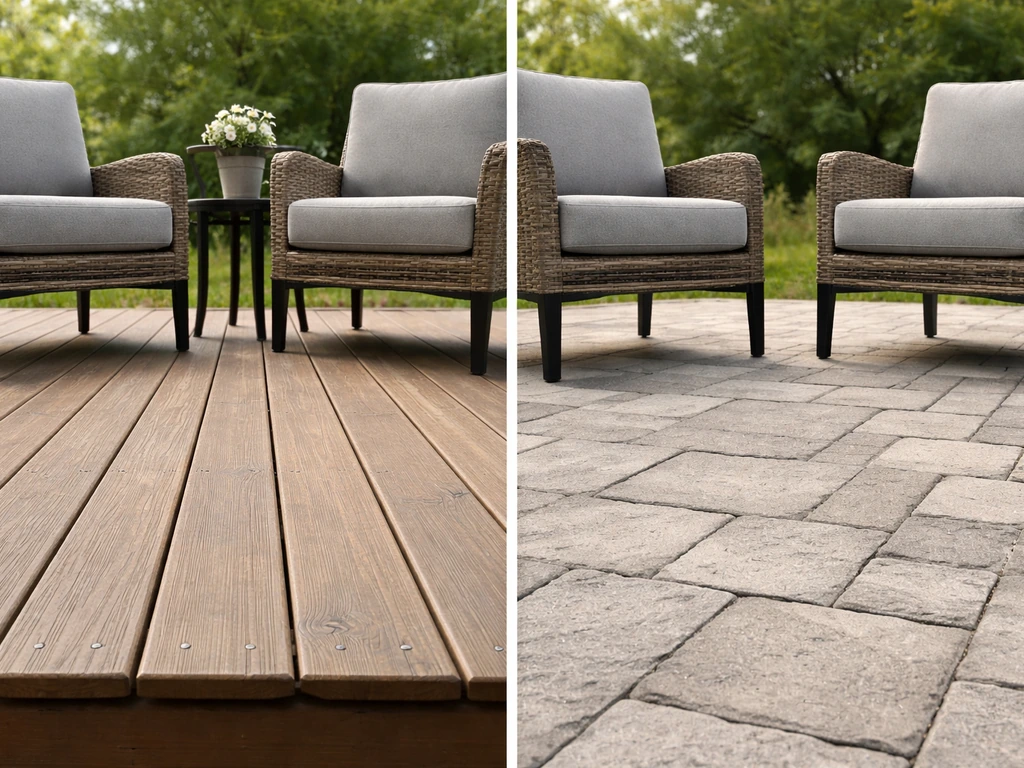 Split image: deck furniture on protective glides vs patio furniture on pavers/concrete, daylight comparison.