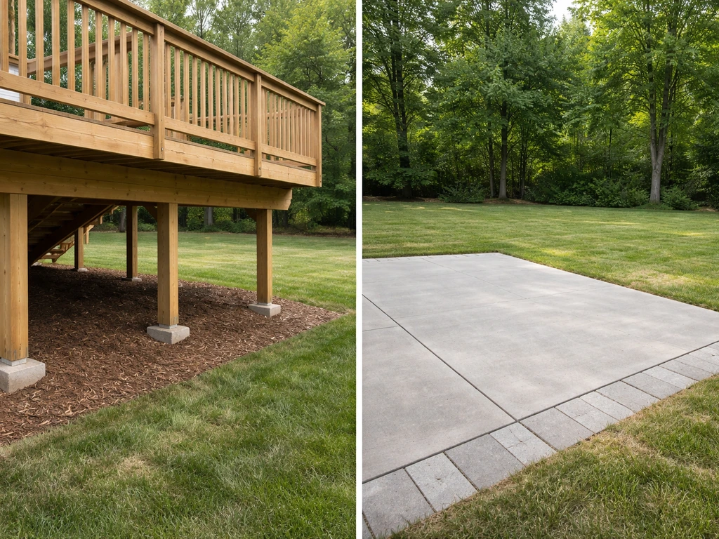 Side-by-side view: elevated wooden deck framing above the ground and a concrete/paver patio at grade.