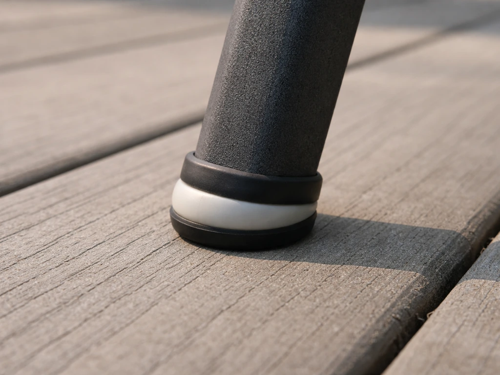 Close-up of a patio furniture leg with smooth glide pad resting on deck boards to prevent scratching.