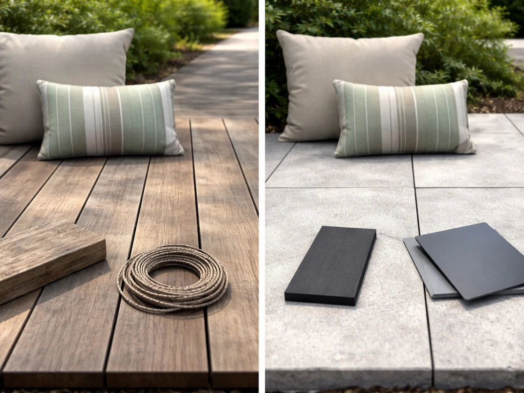 Minimal outdoor deck and patio comparison with material samples like teak, aluminum, HDPE, and wicker.