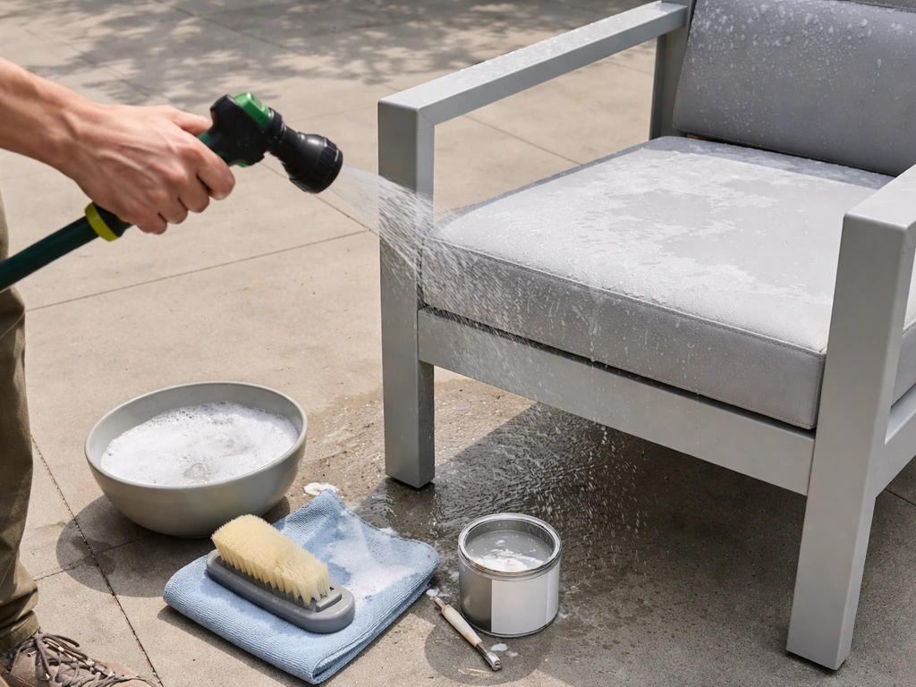 Person rinsing powder-coated aluminum patio furniture with soapy water, with outdoor paint and cloth nearby