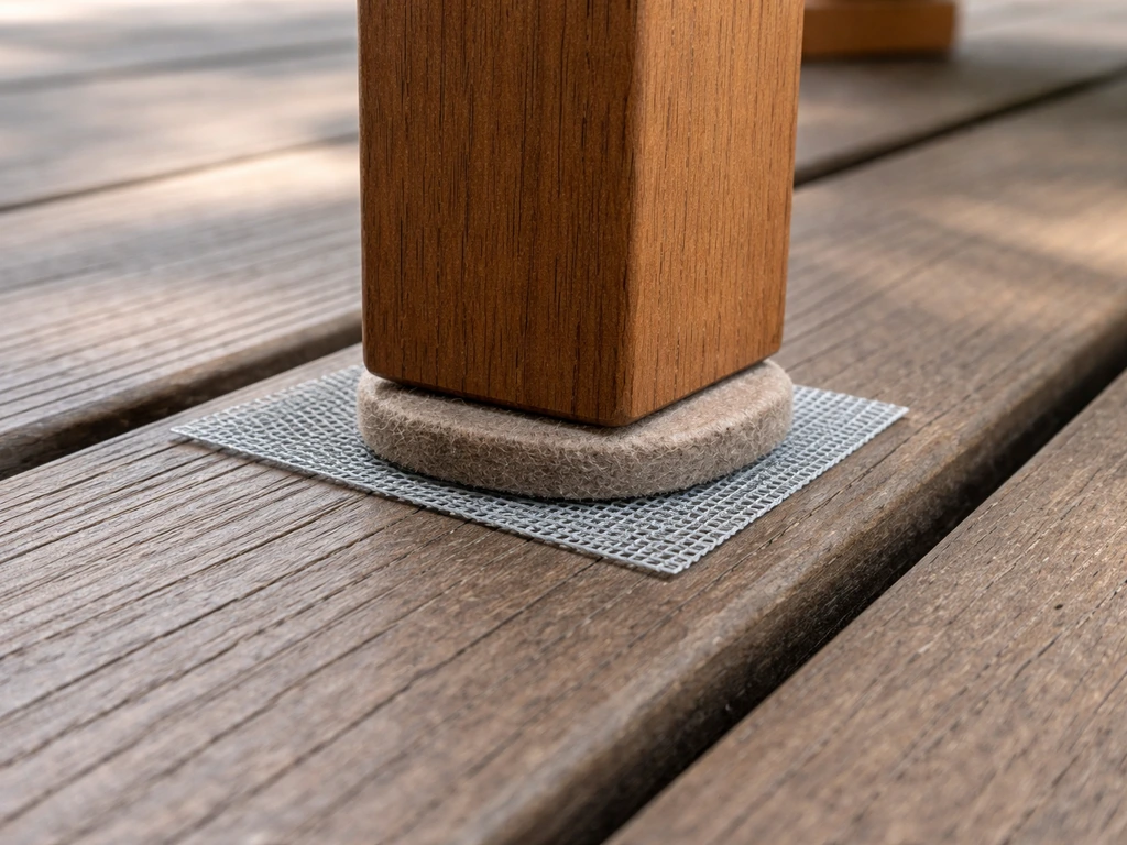 Felt glide pads and a breathable underlay under patio furniture feet on a wood deck