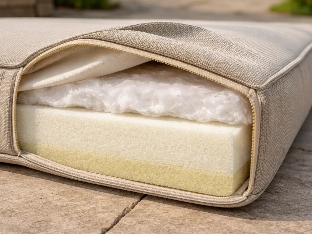 Close-up cross-section of a patio cushion showing weatherproof cover fabric and interior fill layers.