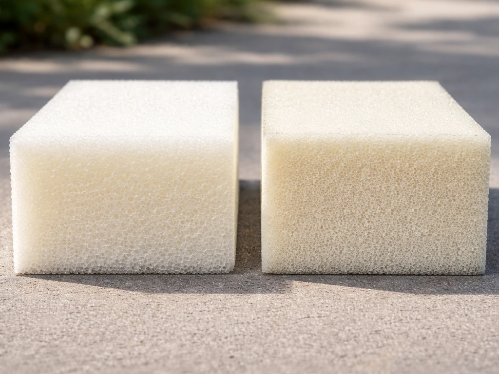 Close-up of two outdoor cushion foam samples side by side: standard polyurethane vs denser HR foam.