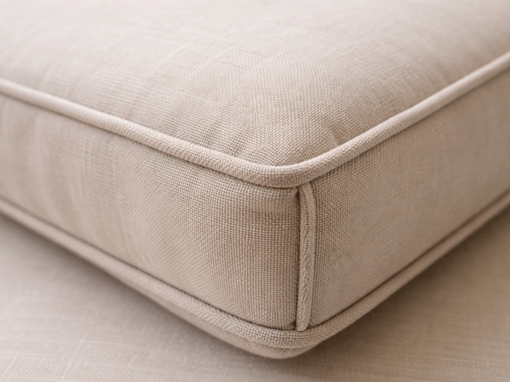 Macro view of upholstered cushion edge showing piping, backing fabric, seams, and binding trim.
