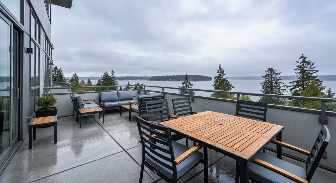 Vancouver-style patio on a damp overcast day with marine-grade aluminum, teak tabletop and HDPE side table, solution-dyed acrylic cushions