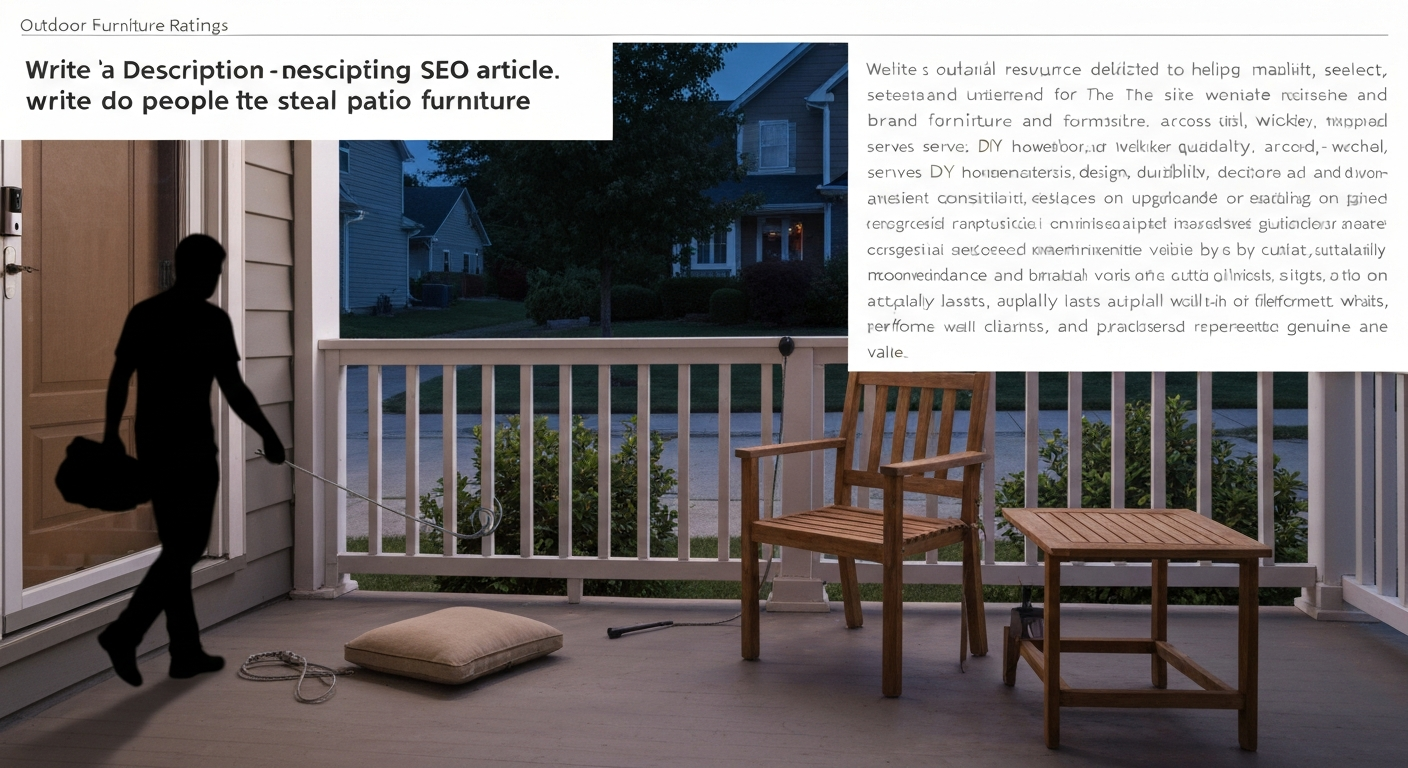 Suburban front porch at dusk with an empty spot where patio furniture was taken, a cushion left behind, and a silhouette walking away; doorbell camera visible.