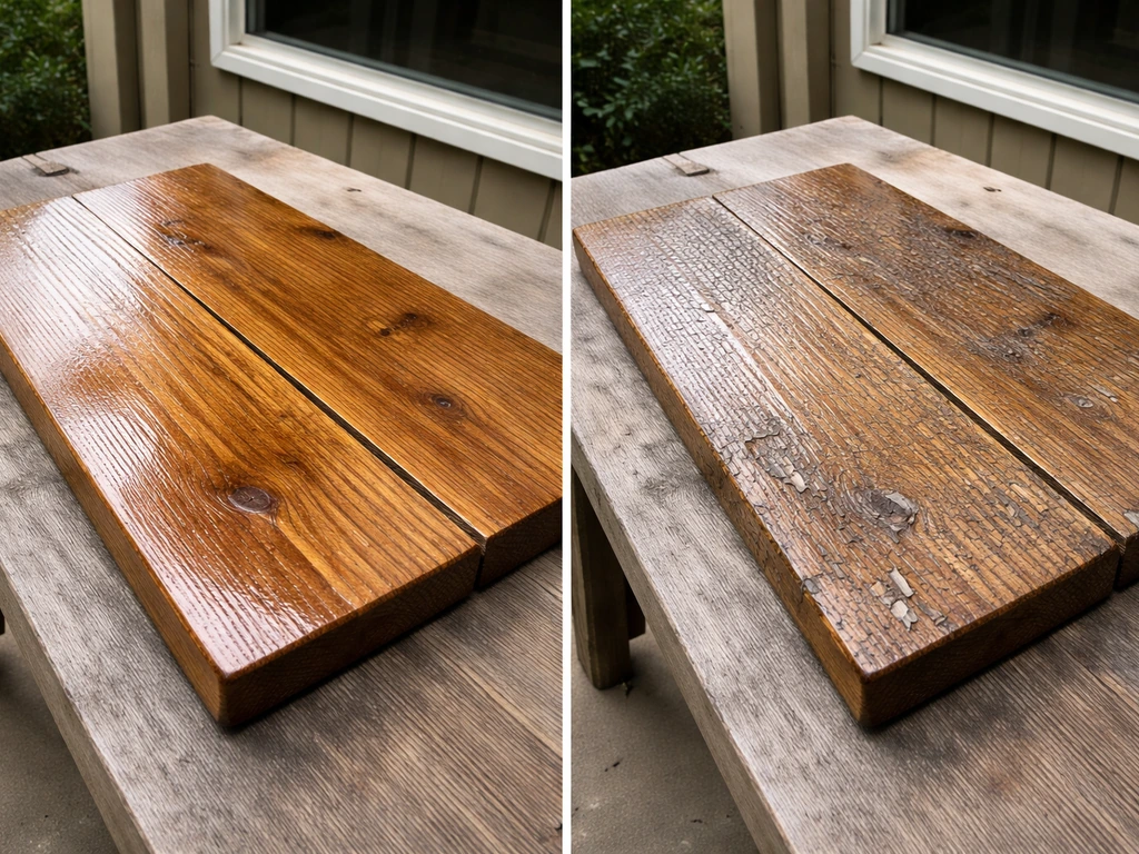Split view of outdoor spar varnish vs indoor varnish on wood blocks: one smooth and intact, one cracked and peeling.