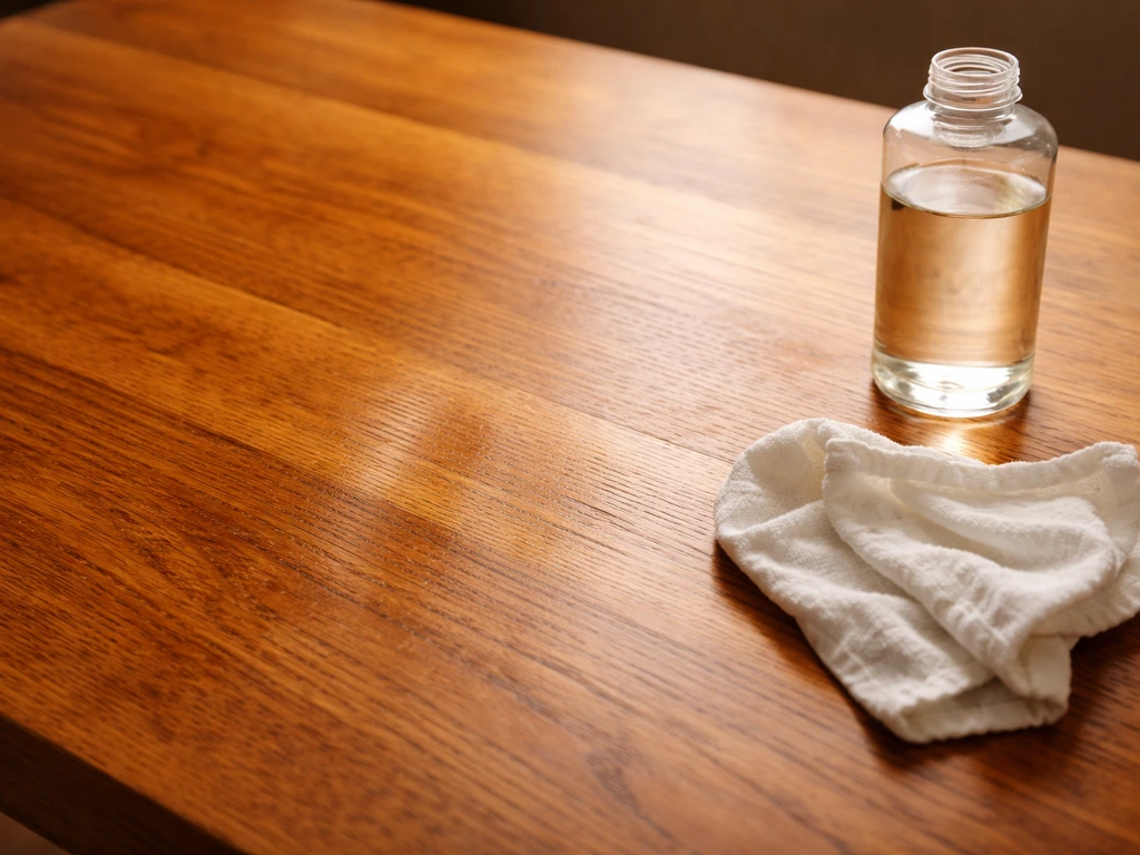 Oily teak wood tabletop with a rag and clear degreasing liquid showing brightened grain for varnish prep.