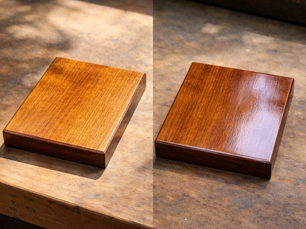 Two varnished wood boards side-by-side showing UV-hot vs shaded/moist protection differences.