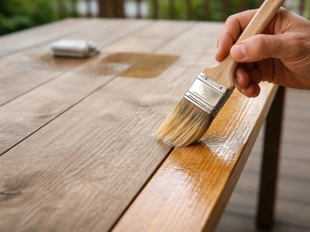 Hands using a natural-bristle brush on a patio wood tabletop edge, with a small spray and wipe patch nearby
